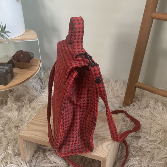 Vintage 80’s Chia Red/Black Leather Houndstooth Crossbody Mini Bag Made In Korea - Picture 6 of 17